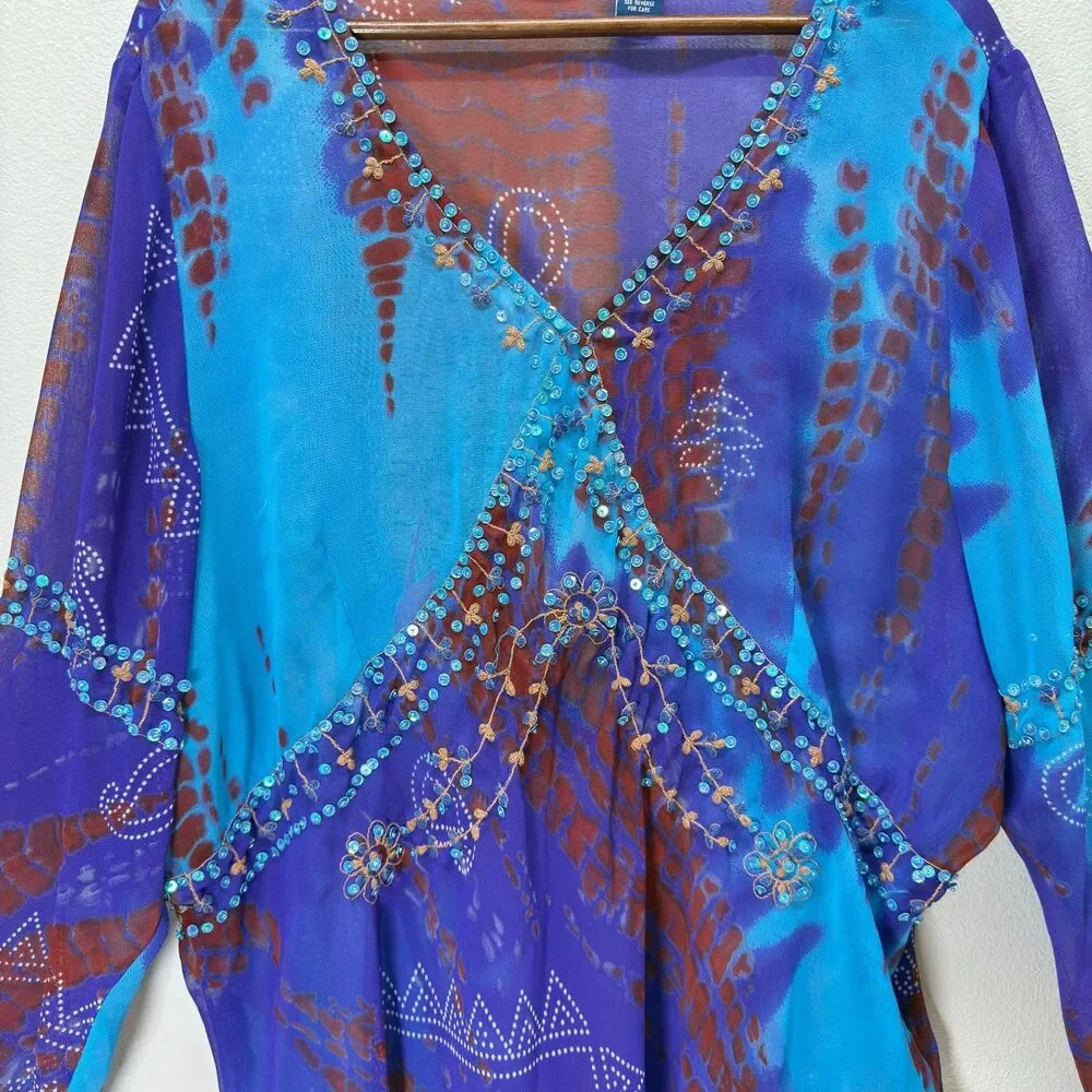 Vtg Y2k Beaded Babydoll Fairy Top Women 3X Blue Ethereal Sheer Gypsy Boho Hippie - Picture 6 of 15